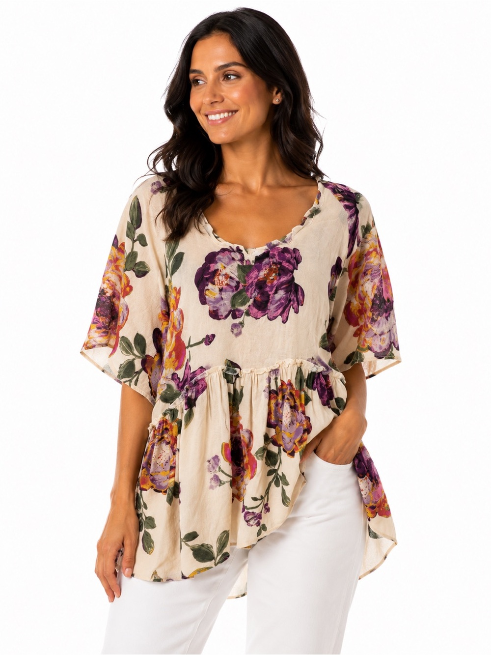 ODDY Floral Peplum Tunic Top - Beige with Purple & Yellow Flowers